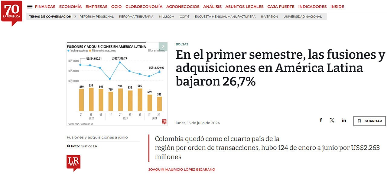 En el primer semestre, las fusiones y adquisiciones en Amrica Latina bajaron 26,7%